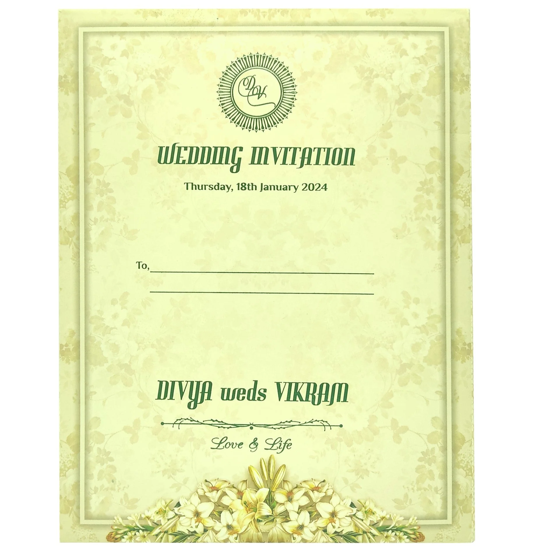Cream Floral Padded Card In Offset Print With Name Plate-KNPO1505C - Image 4