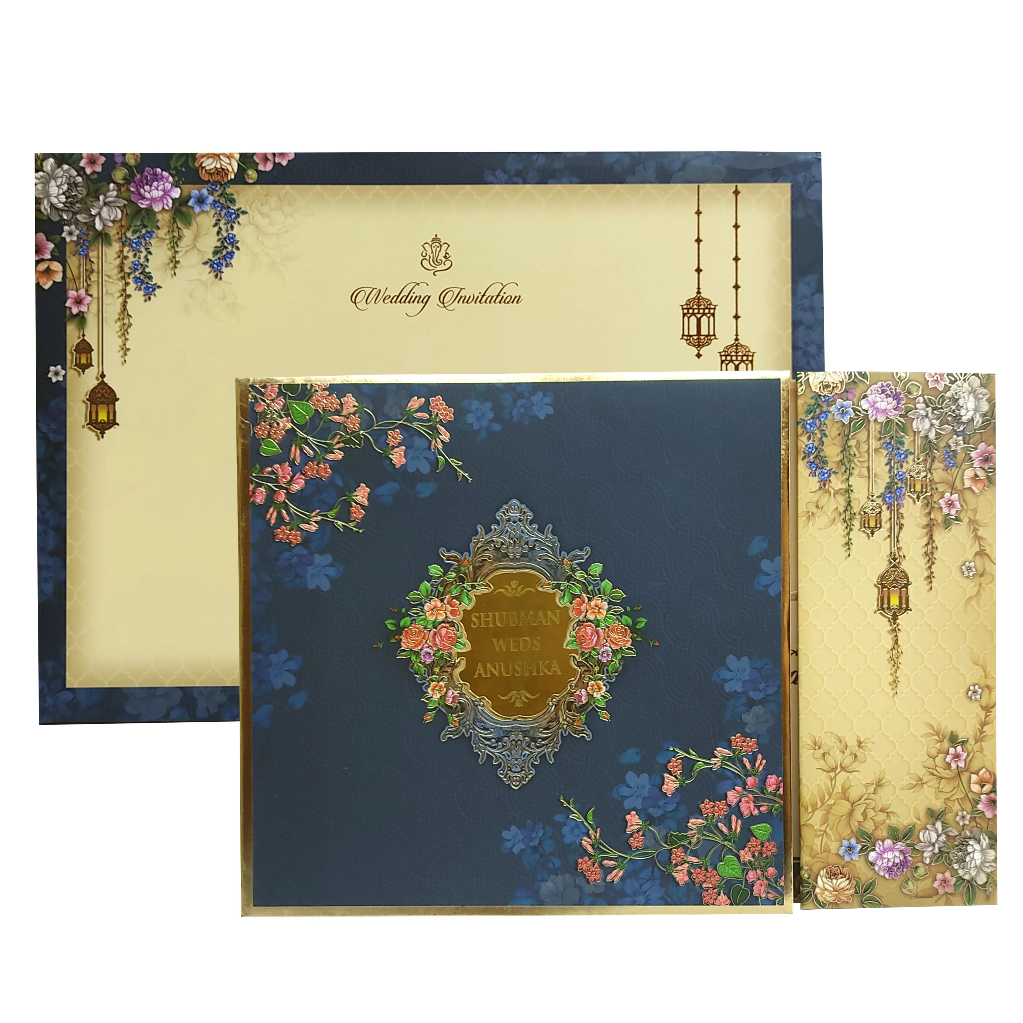 Aegean Blue Cream Floral Door Padded Invitation Card-Krb08570 - Image 2
