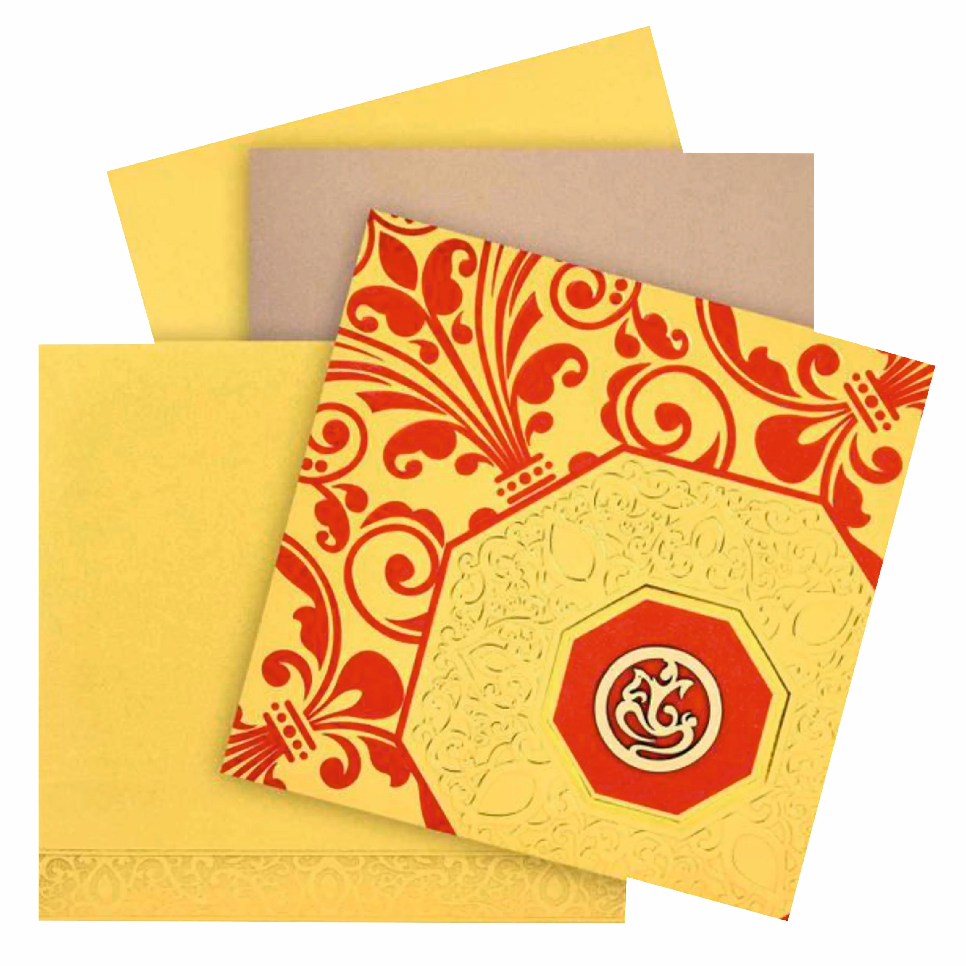 Alluring Gold Shading With Red Floral Theme Wedding Card - KNK30390