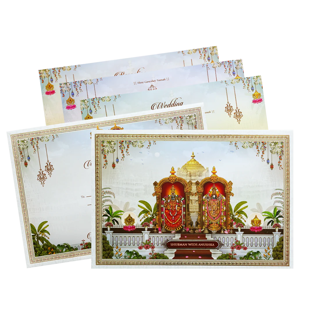 Balaji Padmavati Temple Theme Padded Gold Foil Wedding Invitation Card-KRB09620