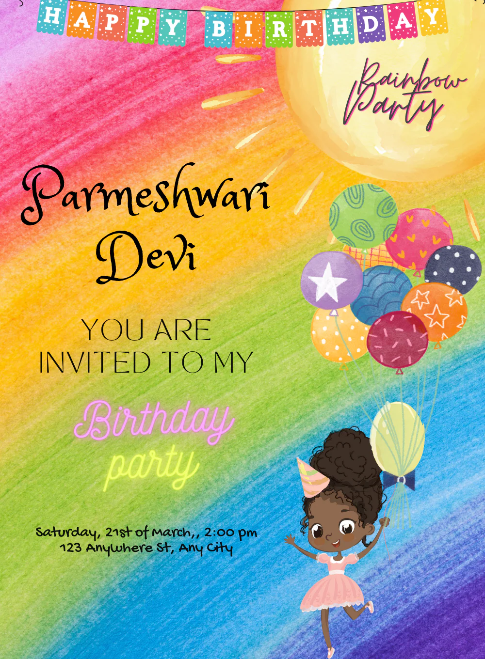Balloon Girl Rainbow Invitation-AARNB008 - Image 2