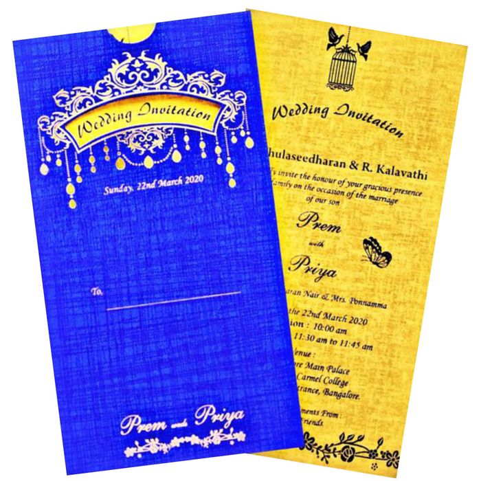 Blue single sheet laser cut with gold insert invitation-KNS025BG