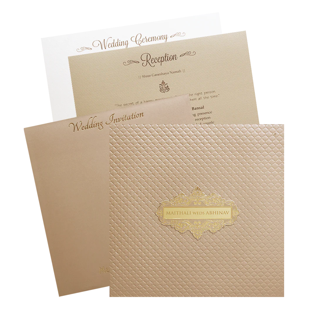 Beige Cream Floral Embossed Padded Wedding Card-KMMWD1128