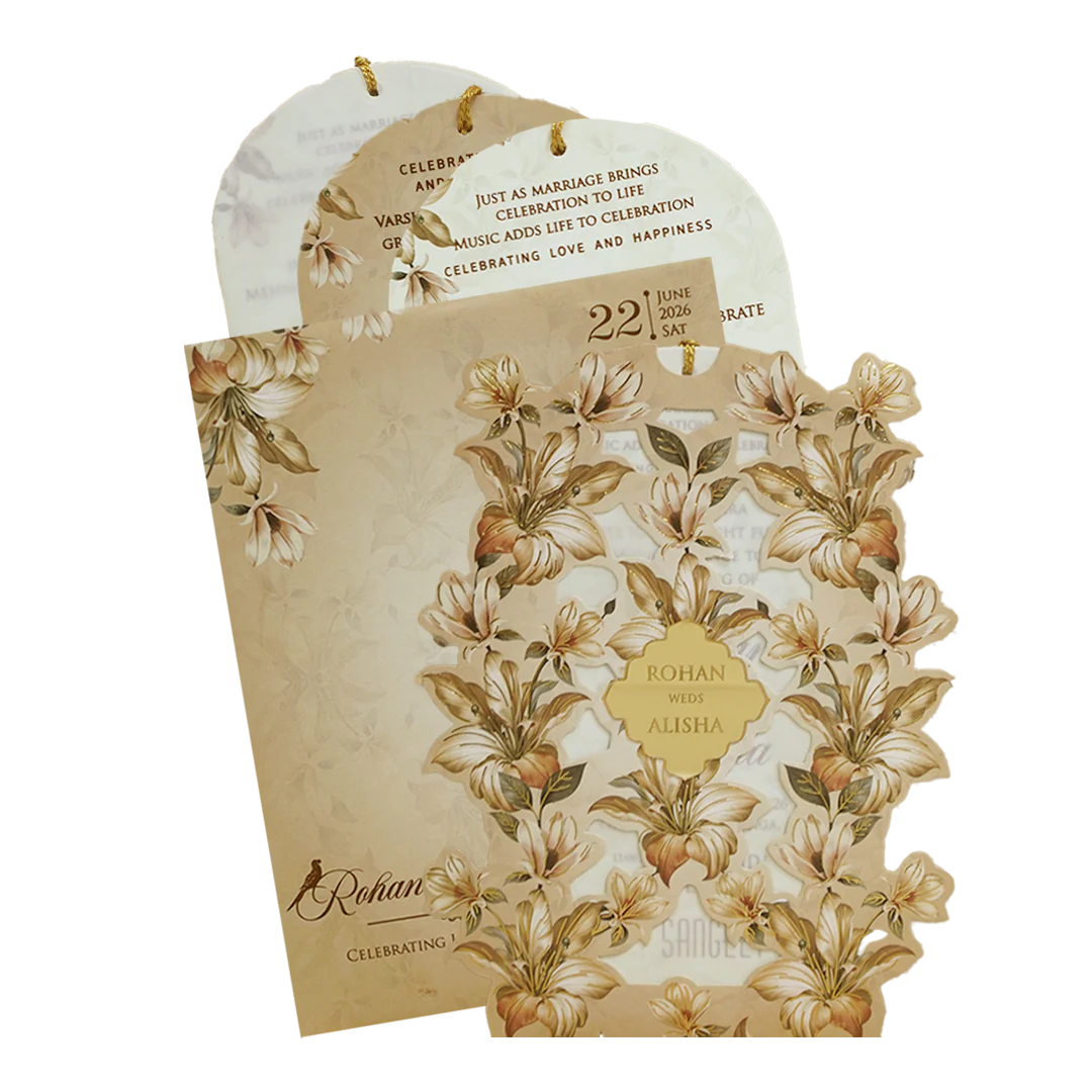 Beige Cream Floral Laser Cut Wedding Card - KFR16200