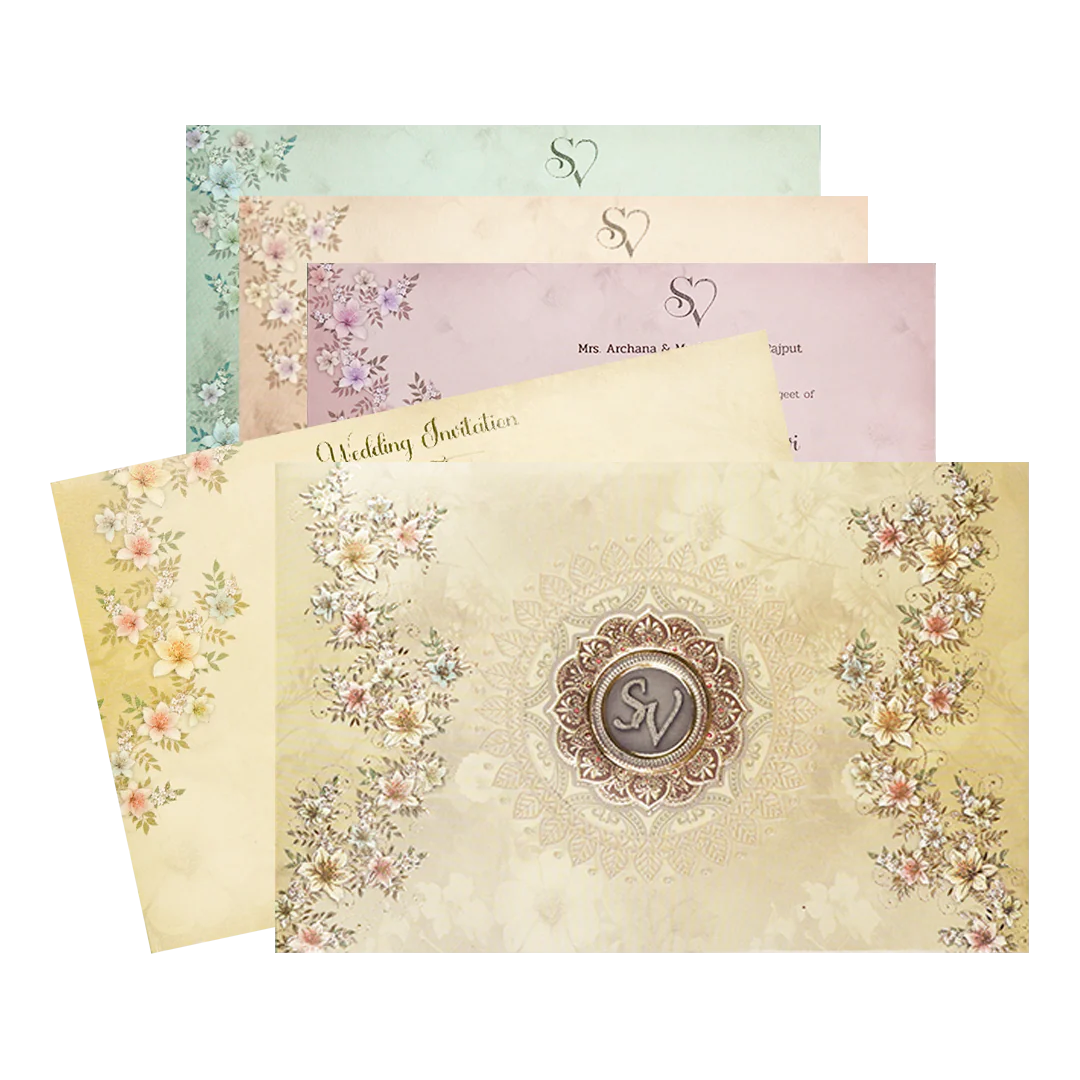 Beige Floral Padded Wedding Card-KSI64050