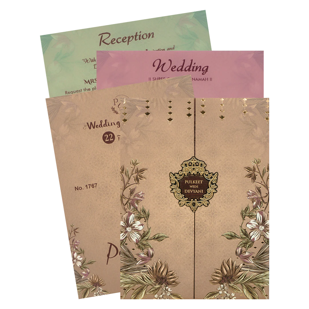 Beige Floral Padded Wedding Card-KJTS1767