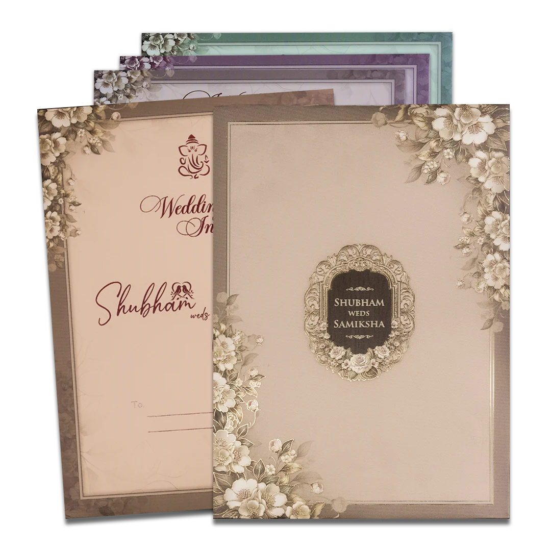 Beige Floral Padded Wedding Card-KSH72550