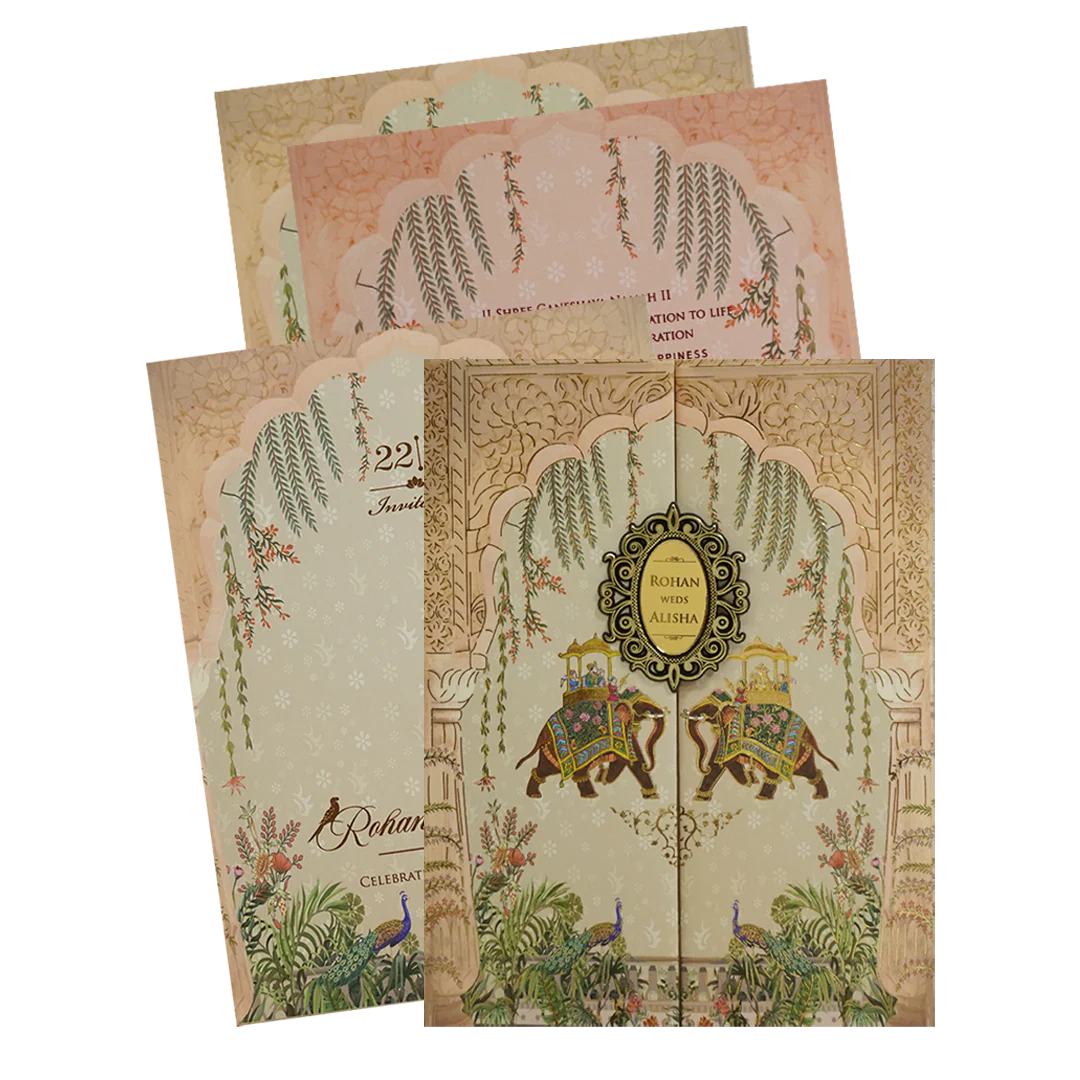 Beige Gold Elephant and Peacock Theme Wedding Card - KFR16450