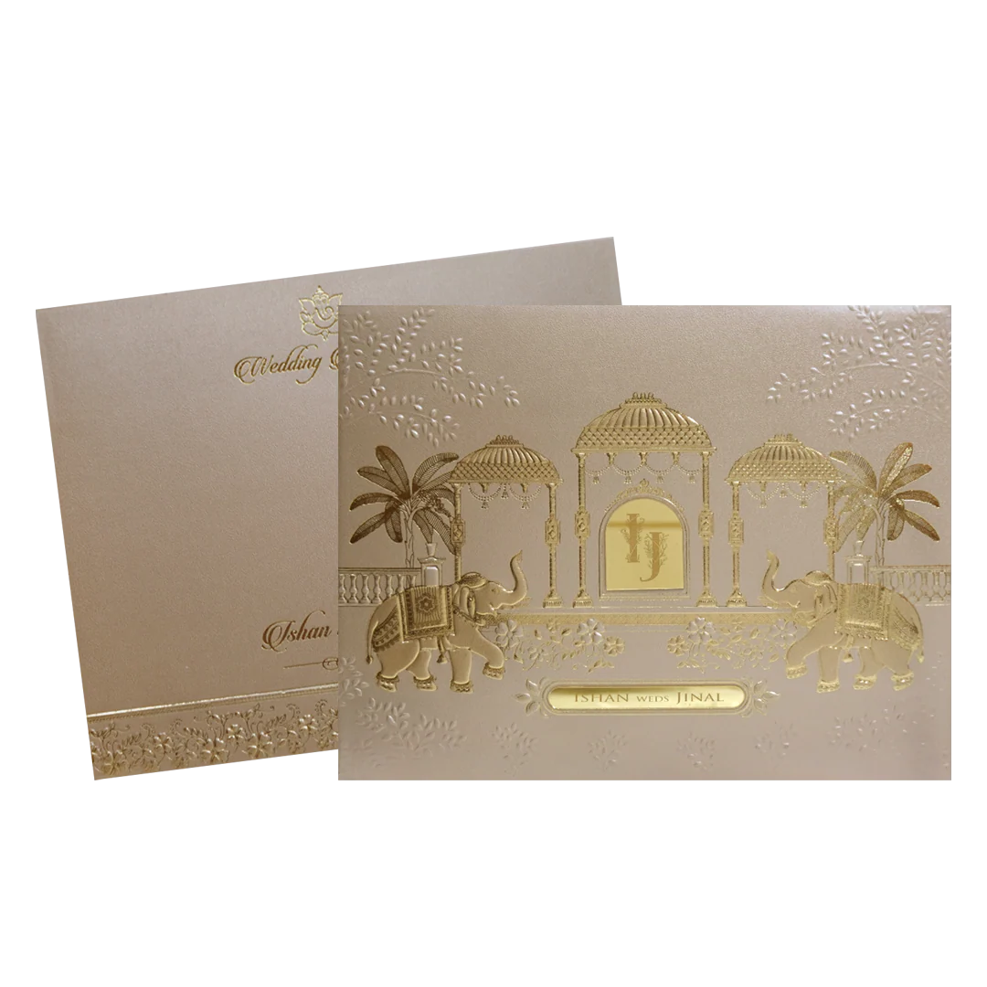 Beige Gold Padded Royal Elephant Embossed Wedding Card - KMMWD1108 - Image 2