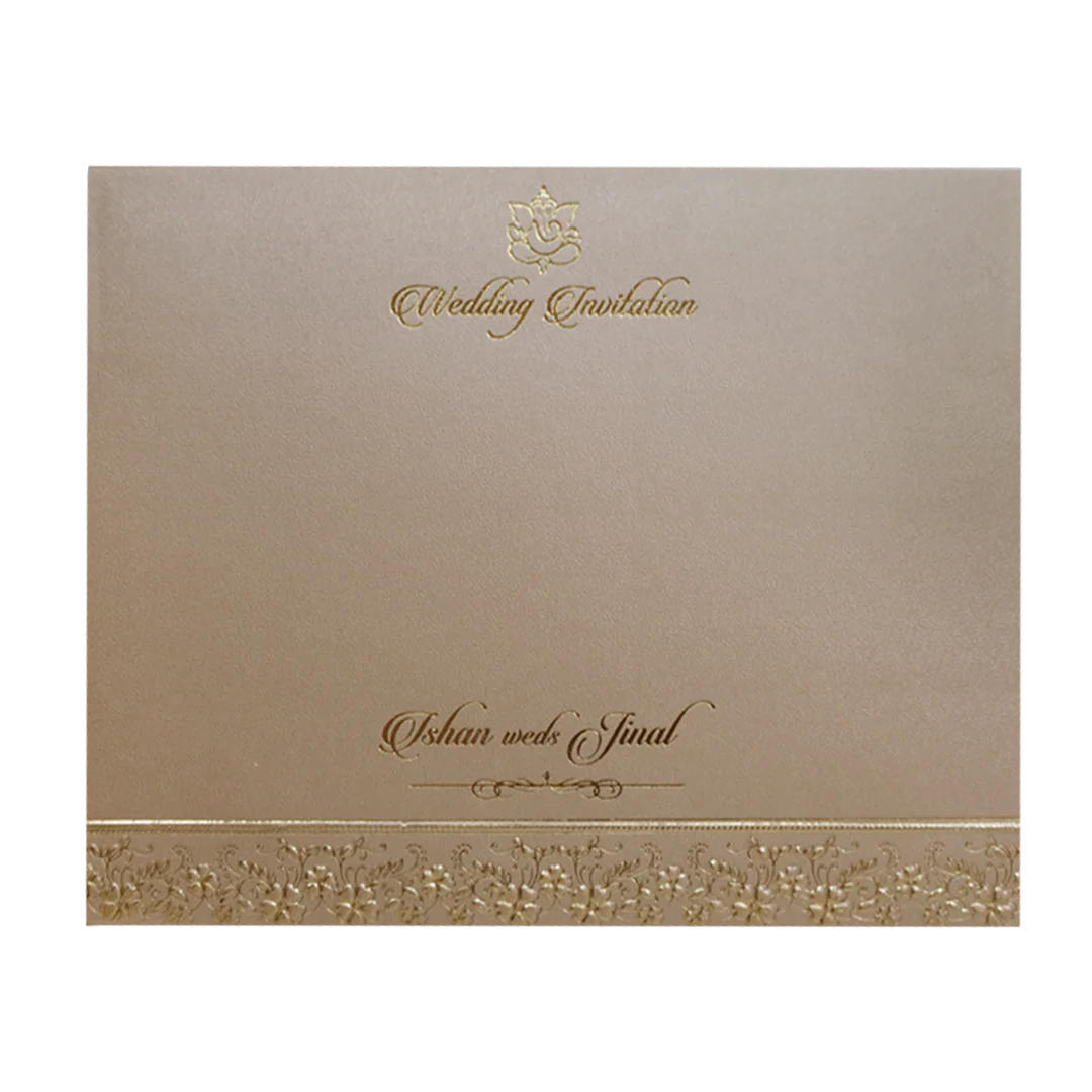 Beige Gold Padded Royal Elephant Embossed Wedding Card - KMMWD1108 - Image 4