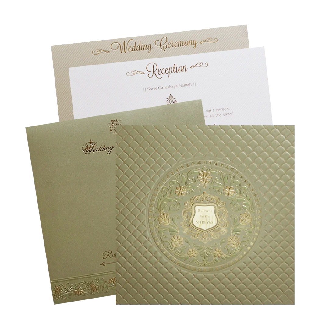Beige Green Floral Padded Gold Embossed Wedding Card-KMMWD1103