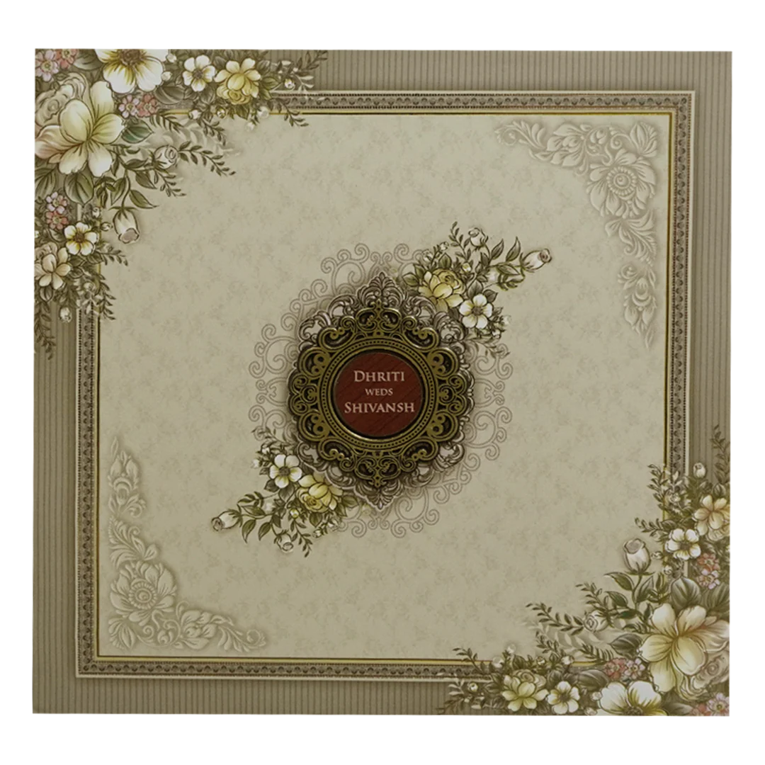 Beige & Green Floral Padded Wedding Card-KSH72690 - Image 3