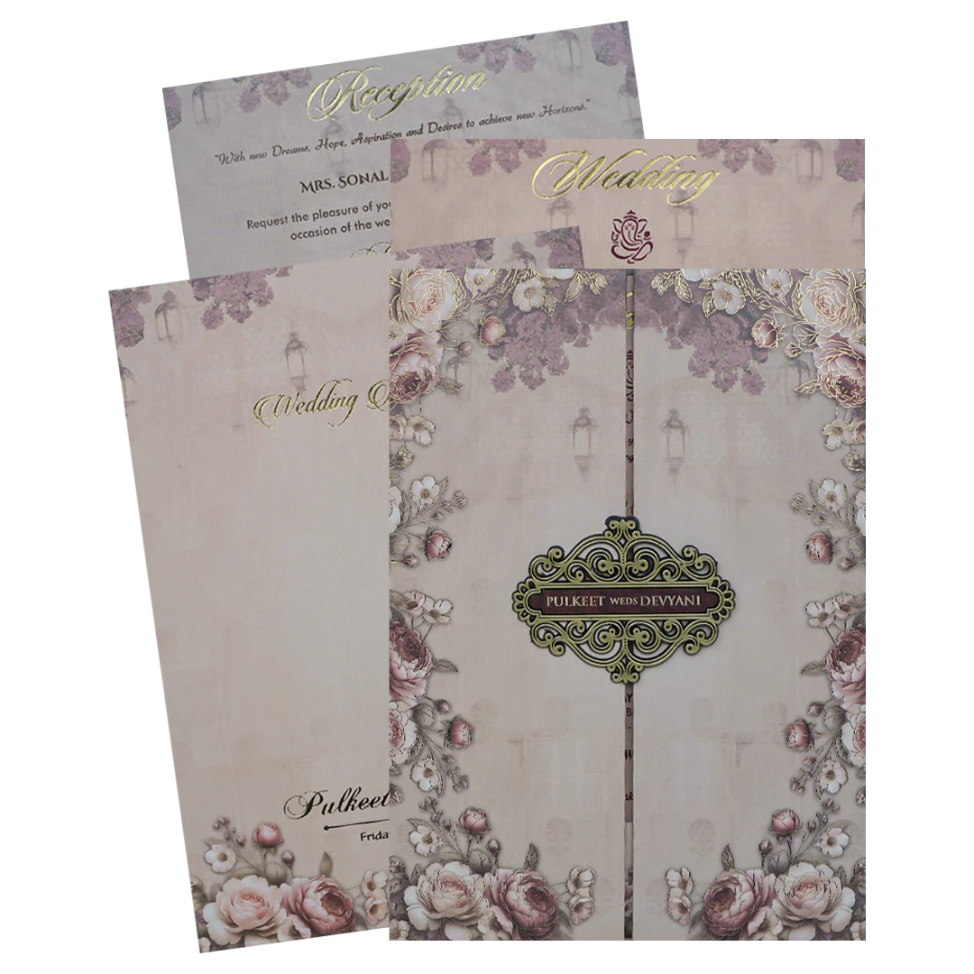 Beige Padded Floral Wedding Card-KJTS1741