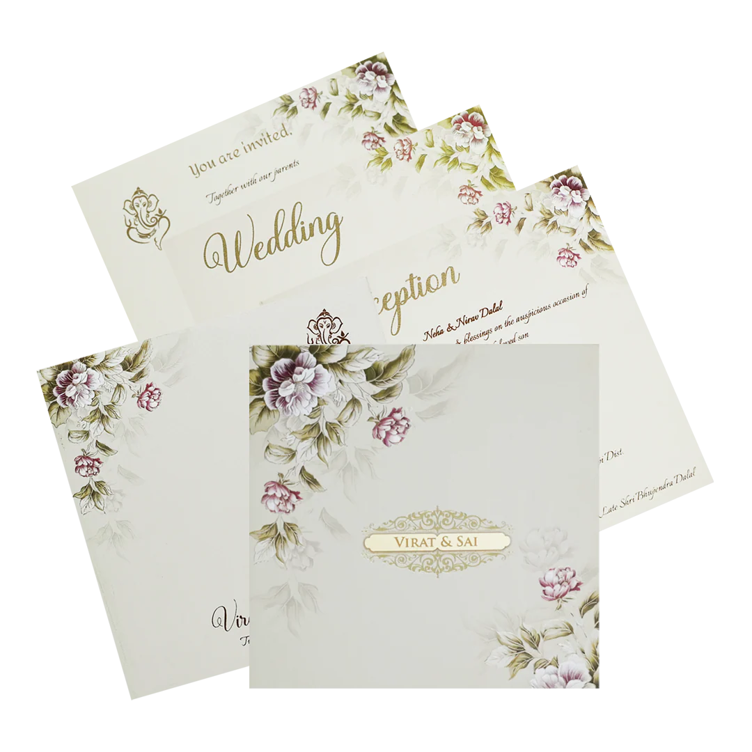 Beige Padded Floral Wedding Invitation Card-KPR23340