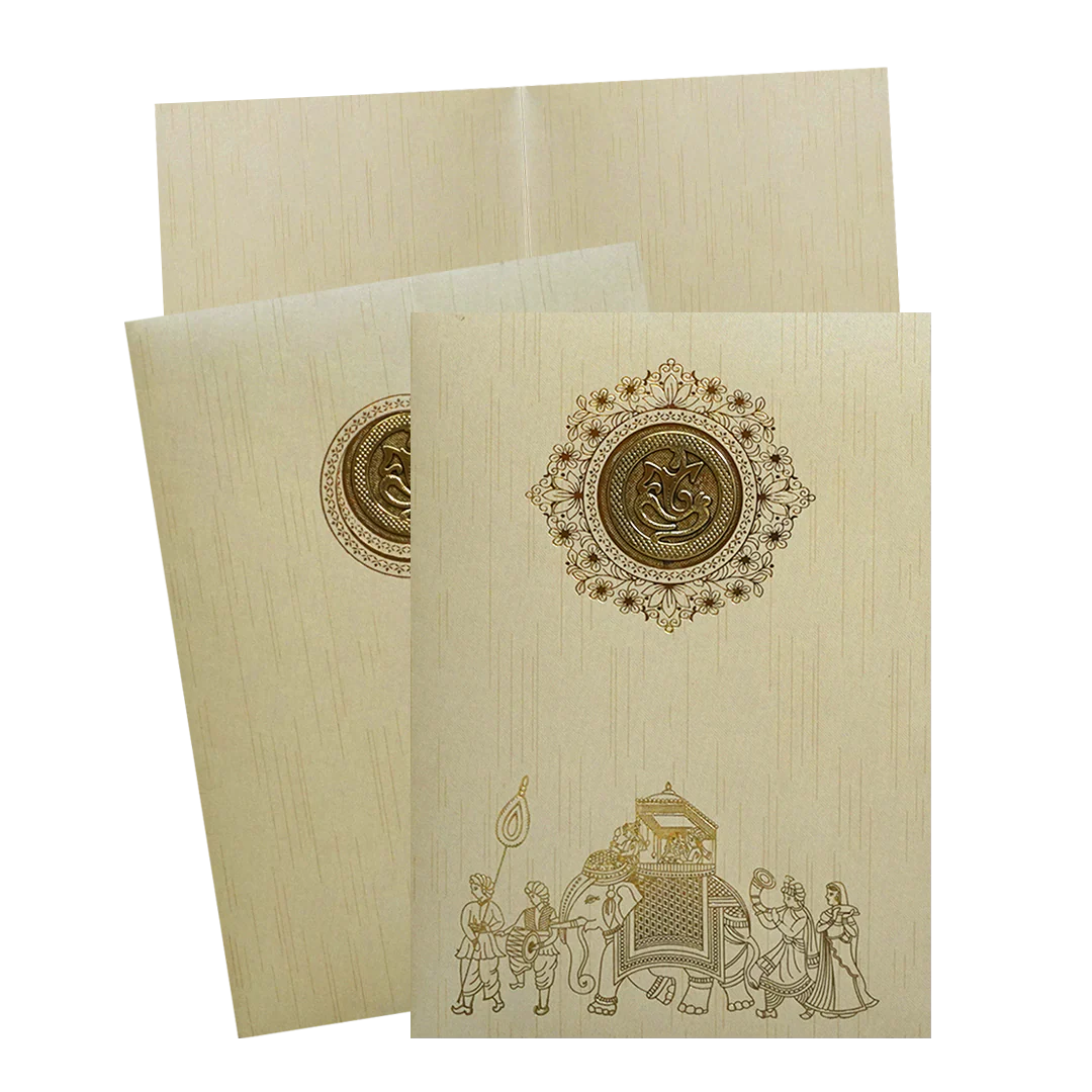 Beige Shiny Ganesha Wedding Card-KNKR039C