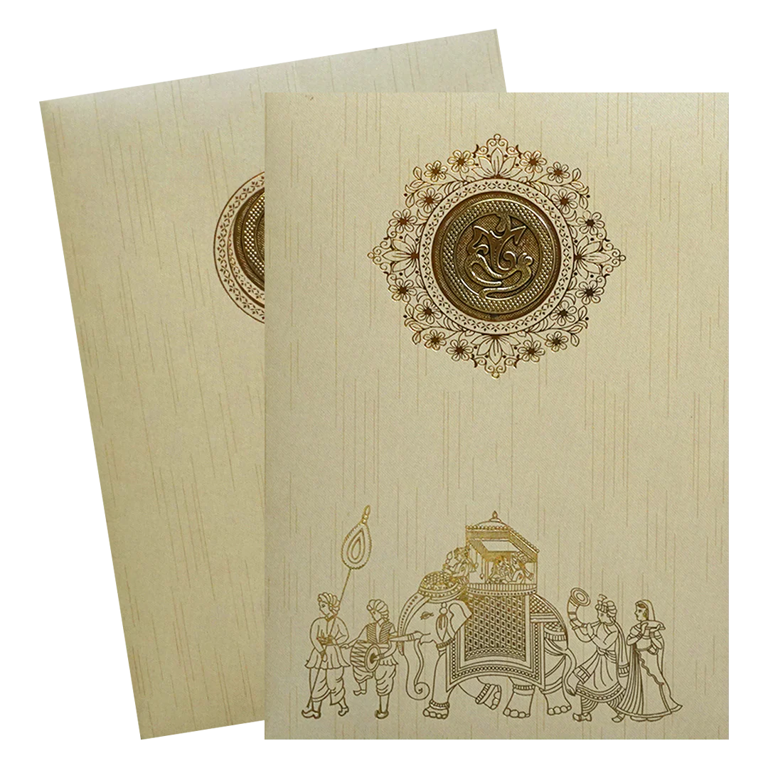 Beige Shiny Ganesha Wedding Card-KNKR039C - Image 2