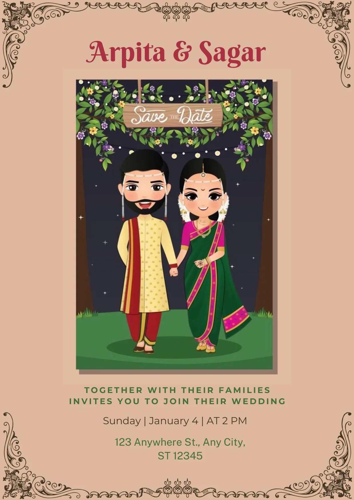 Beige Caricature Marathi Wedding Invitation-AAMAI001