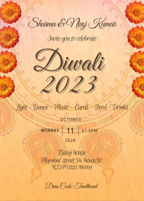 Beige Floral Diwali Invitation-AADWI002 - Image 2