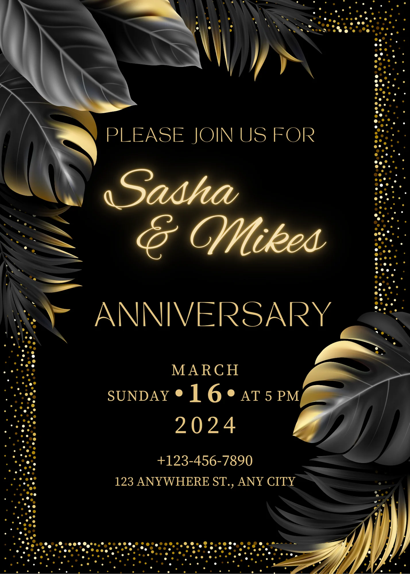Black Glitter And Leaves Anniversary Party Invitation-AAAPI004