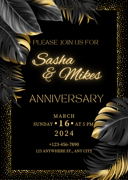 Black Glitter And Leaves Anniversary Party Invitation-AAAPI004 - Image 2