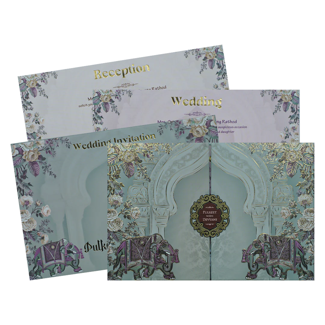 Blue Elephant Arch Floral Padded Wedding Card-KJTS1830