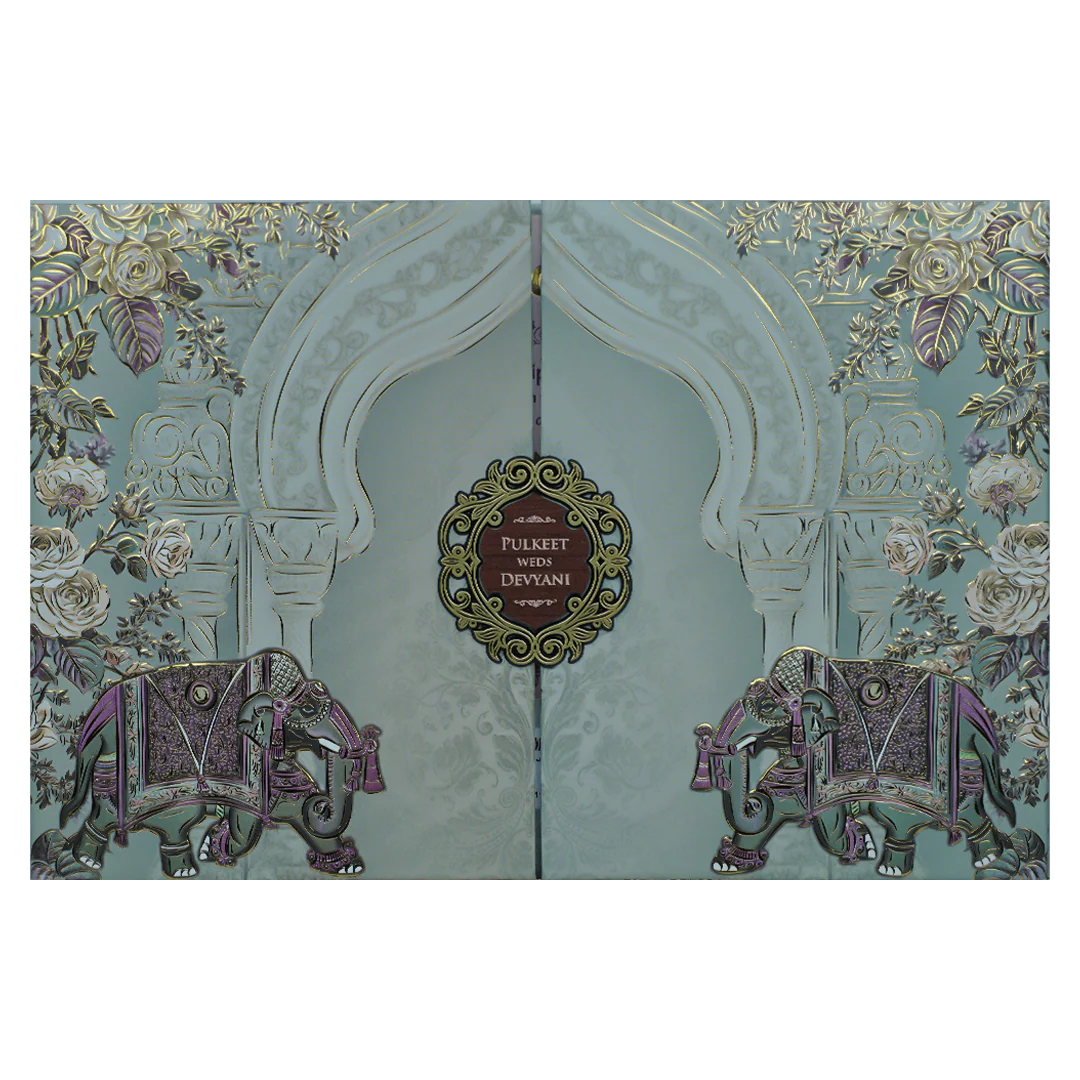 Blue Elephant Arch Floral Padded Wedding Card-KJTS1830 - Image 3