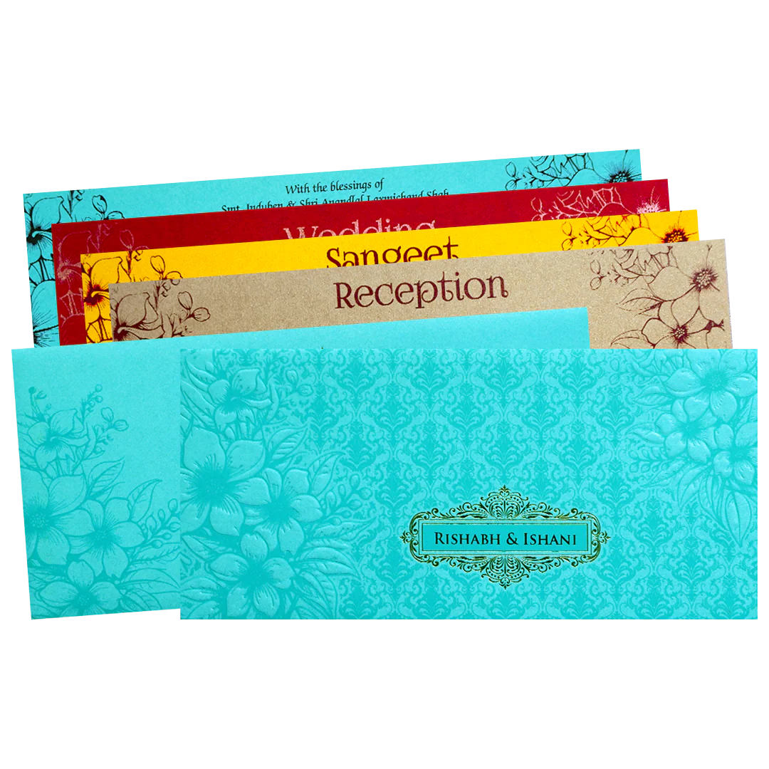 Blue Embossed Floral Wedding Invitation Card-KPR06320