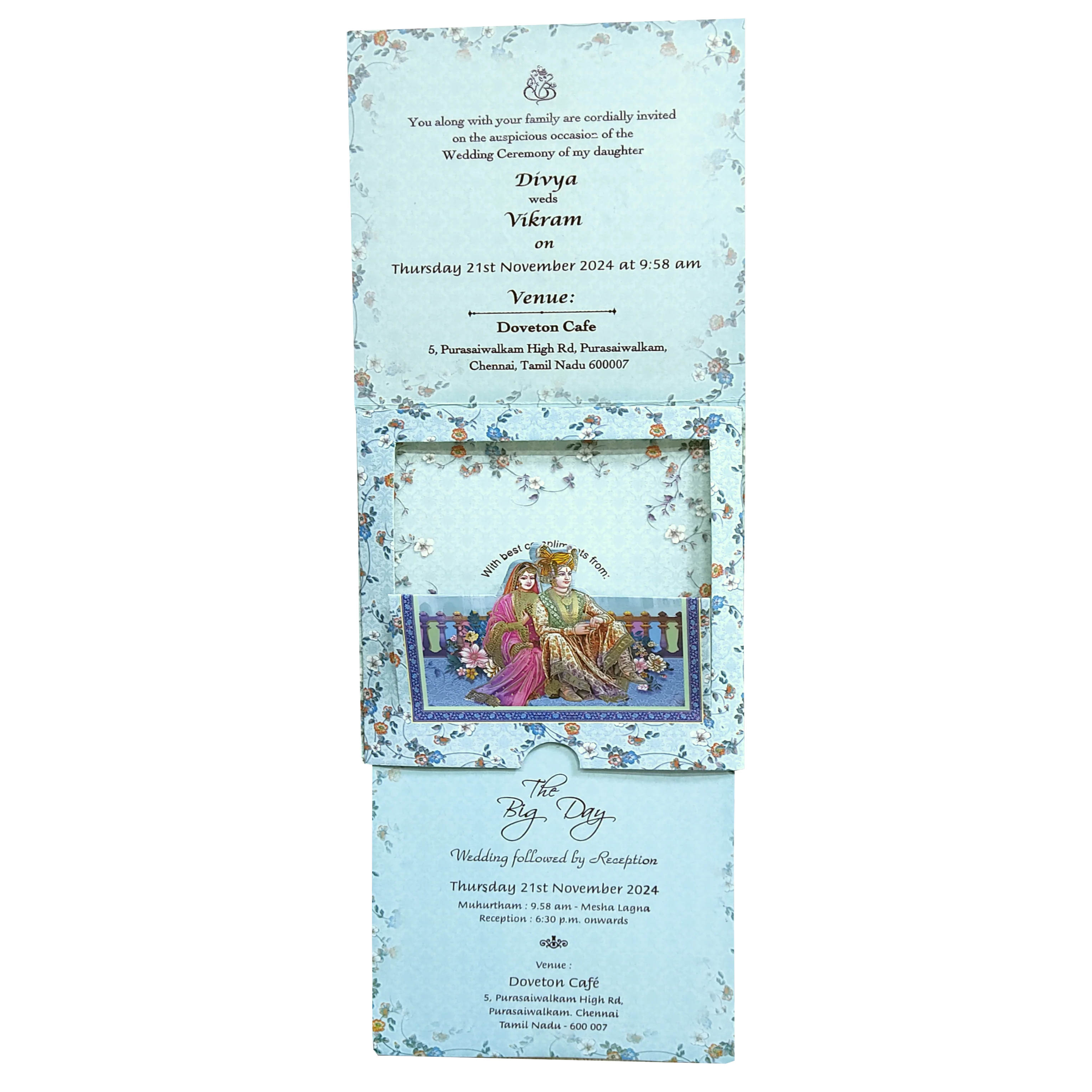 Blue Floral Bride Groom Slide Wedding Card-KNRDC01B - Image 2