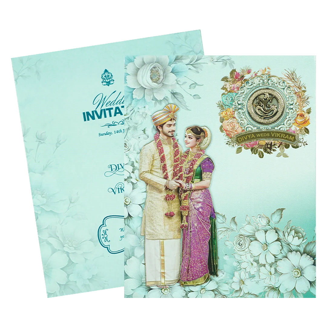 Blue Floral Couple Padded Wedding Card-KNMO9314 - Image 2