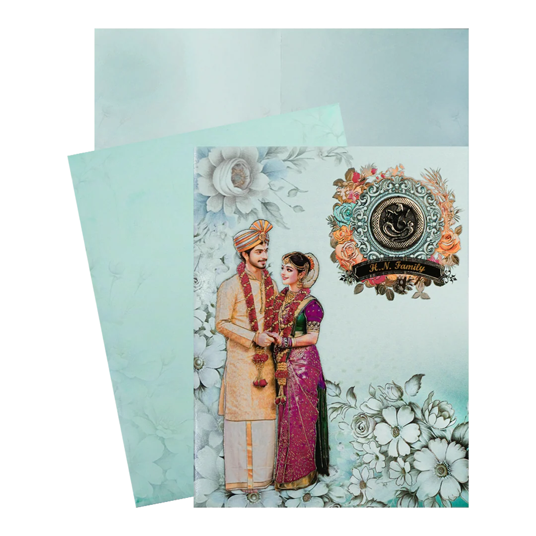 Blue Floral Couple Wedding Card-KNKJ1146