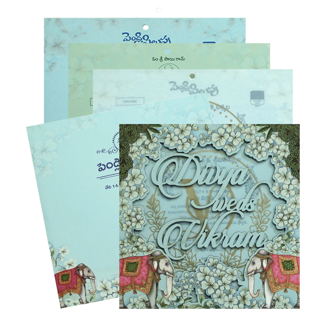 Blue Laser-Cut Floral Elephant Wedding Card - KNPL5805