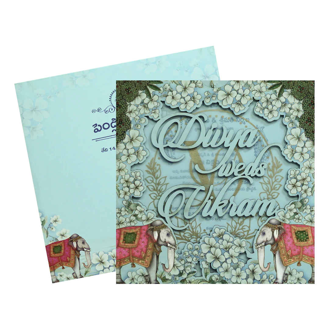 Blue Laser-Cut Floral Elephant Wedding Card - KNPL5805 - Image 2