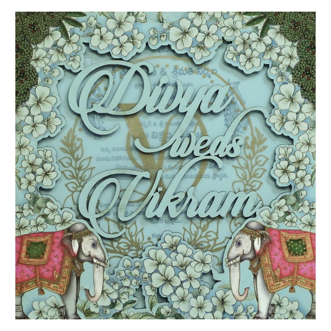 Blue Laser-Cut Floral Elephant Wedding Card - KNPL5805 - Image 3