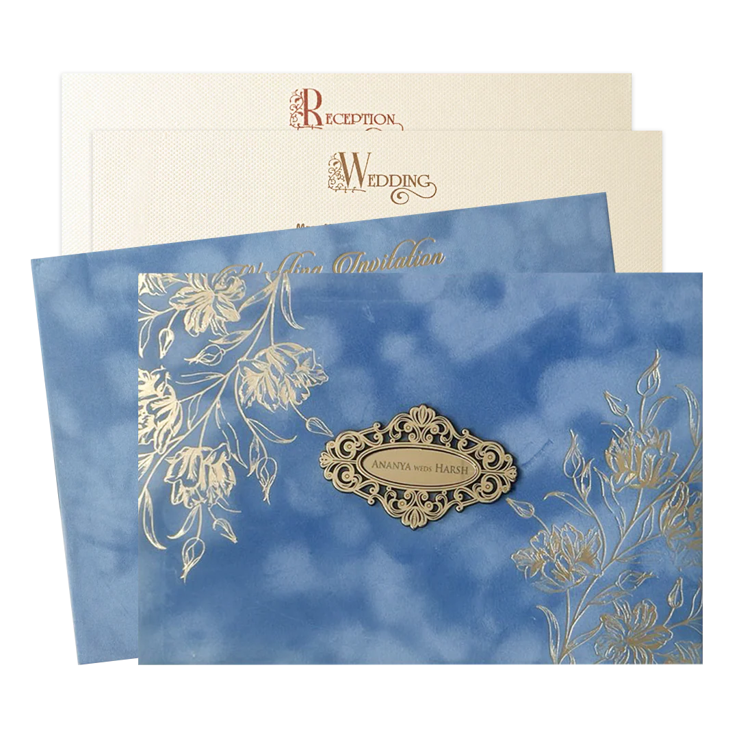 Blue Floral Emblem Padded Wedding Card-KMMWD1160