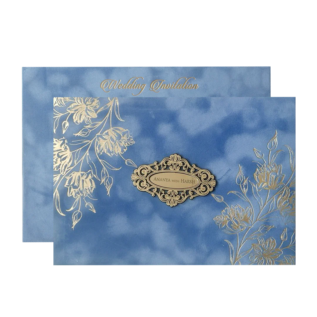 Blue Floral Emblem Padded Wedding Card-KMMWD1160 - Image 2