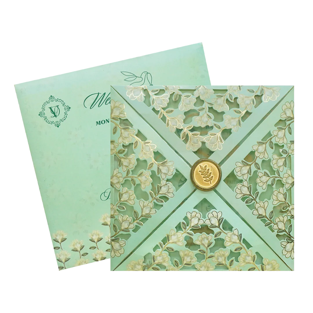 Green Floral Fancy Opening Wedding Card-KNGA7101 - Image 2