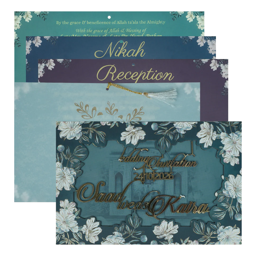 Blue Floral Foiled Script Wedding Card-KVN07760