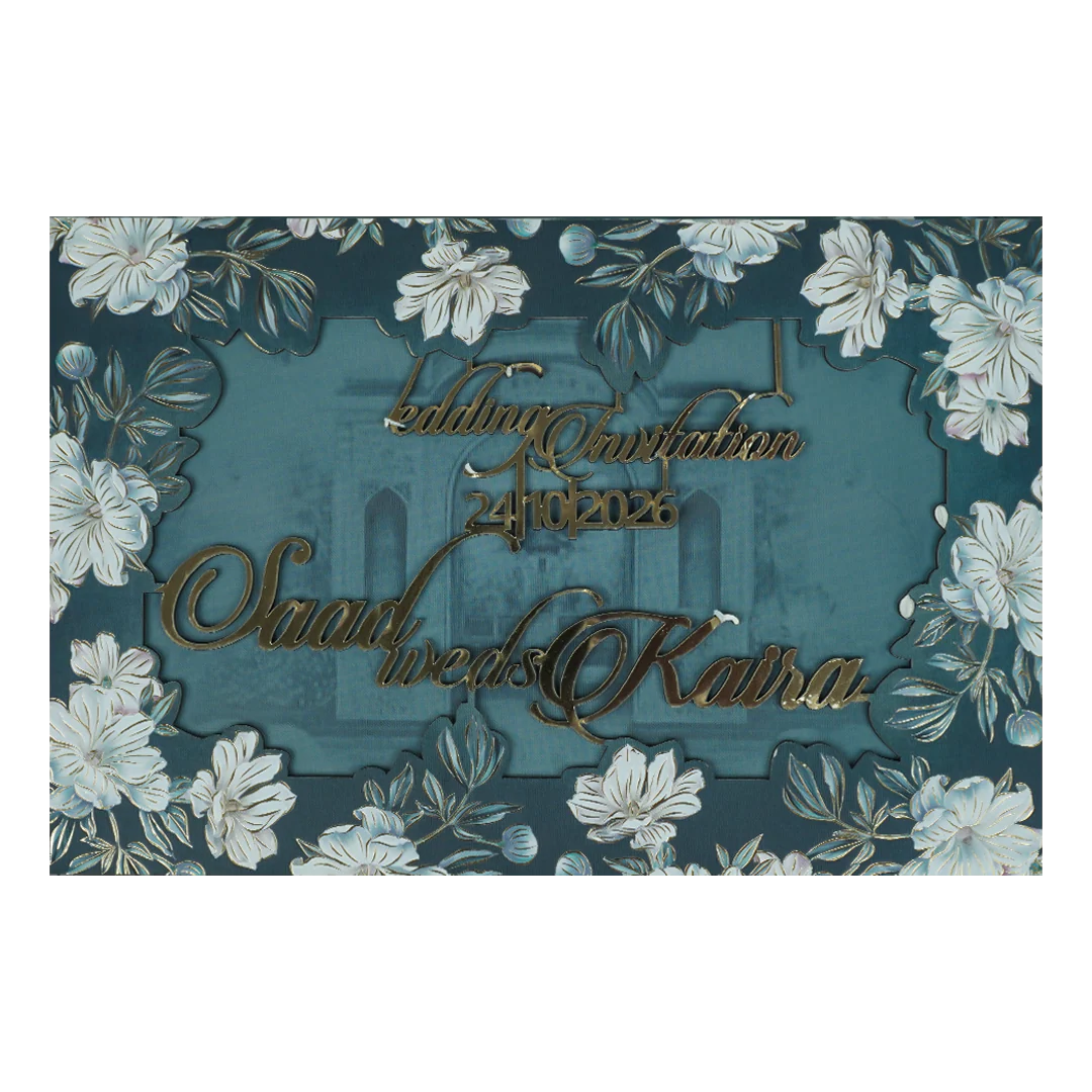 Blue Floral Foiled Script Wedding Card-KVN07760 - Image 3