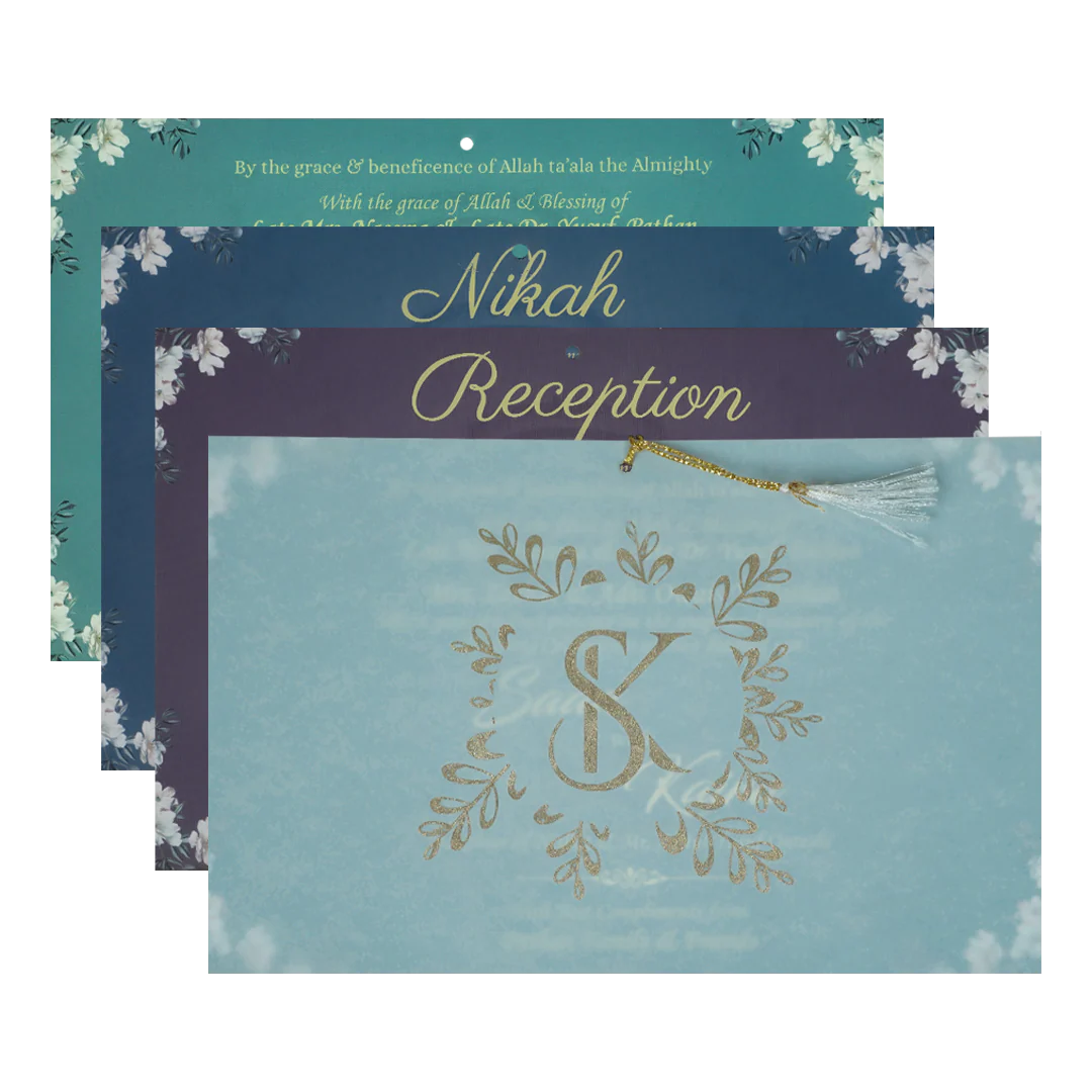 Blue Floral Foiled Script Wedding Card-KVN07760 - Image 5
