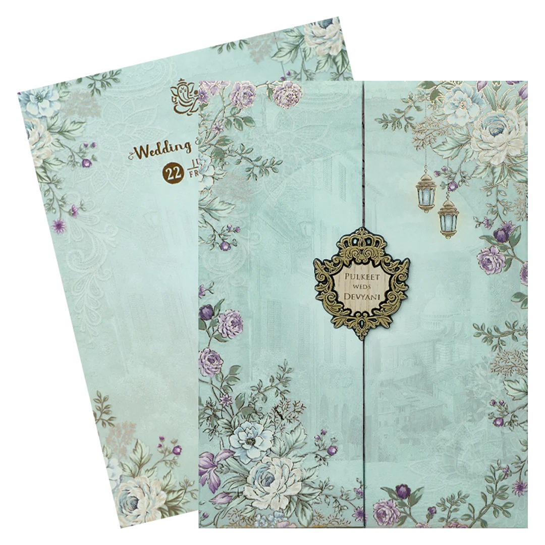 Blue Floral Lantern Padded Wedding Card-KJTS1833 - Image 2