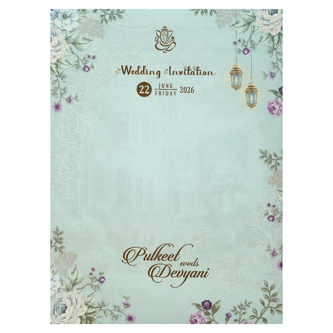 Blue Floral Lantern Padded Wedding Card-KJTS1833 - Image 4