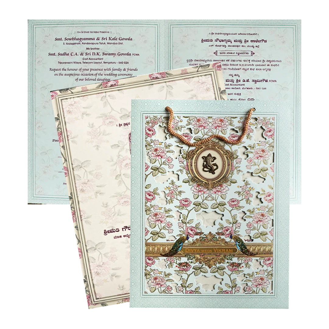 Blue Laser-Cut Floral Bag Style Wedding Card - KNAS3103