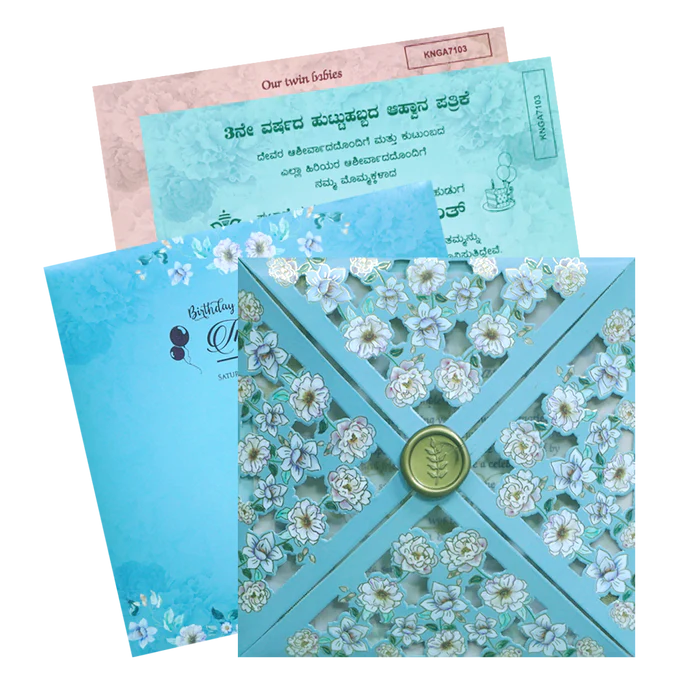 Blue Floral Laser Cut Wedding Card-KNGA7103