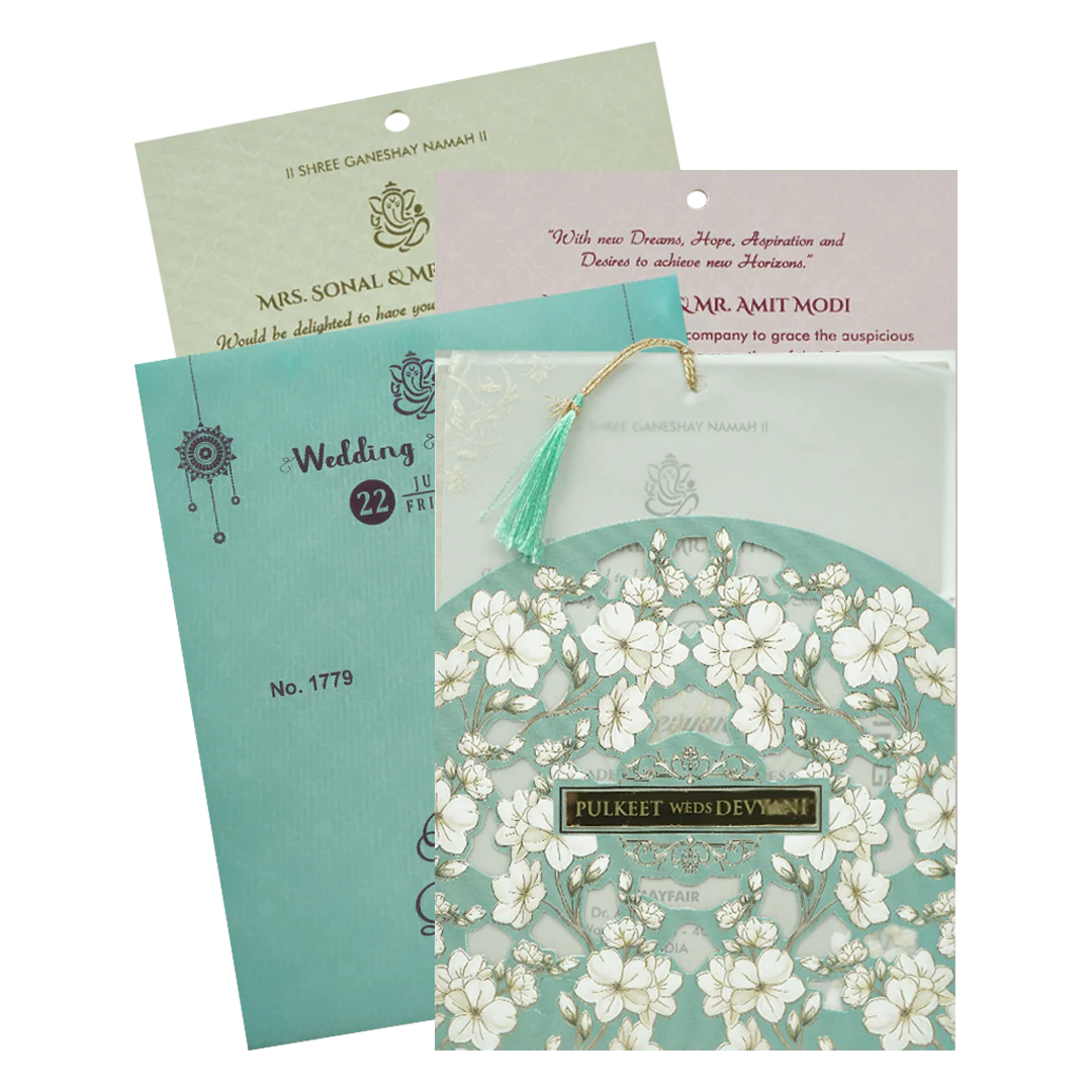 Blue Floral Laser Cut Wedding Card-KJTS1779