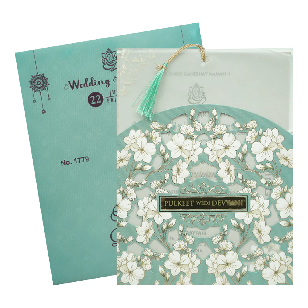 Blue Floral Laser Cut Wedding Card-KJTS1779 - Image 2