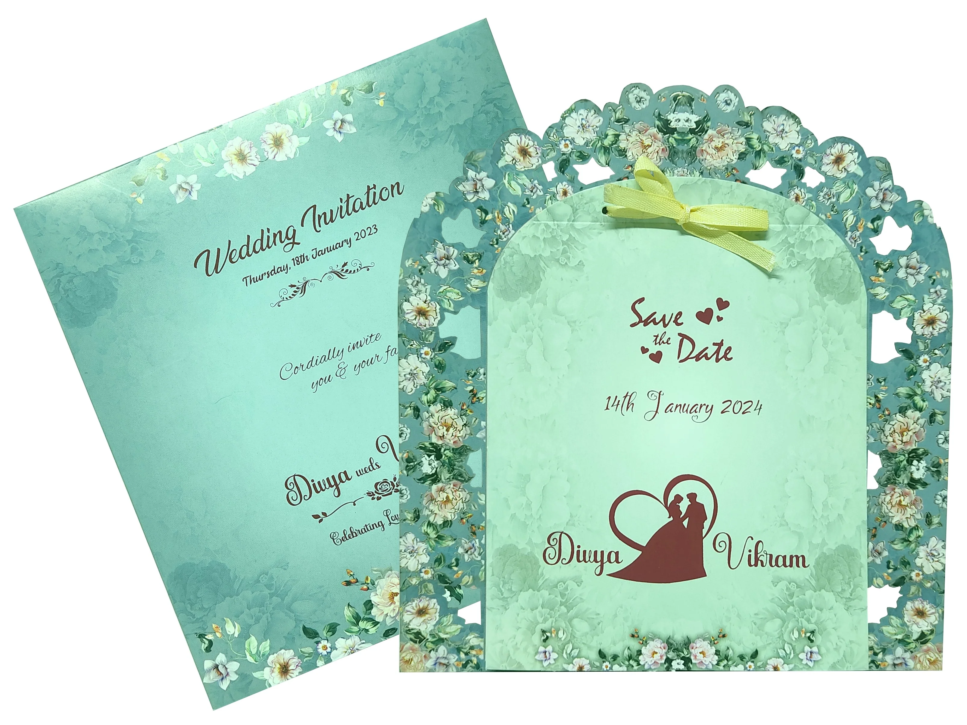 Blue Floral MDF Laser Cut Invitation Card-KNKA8062 - Image 2