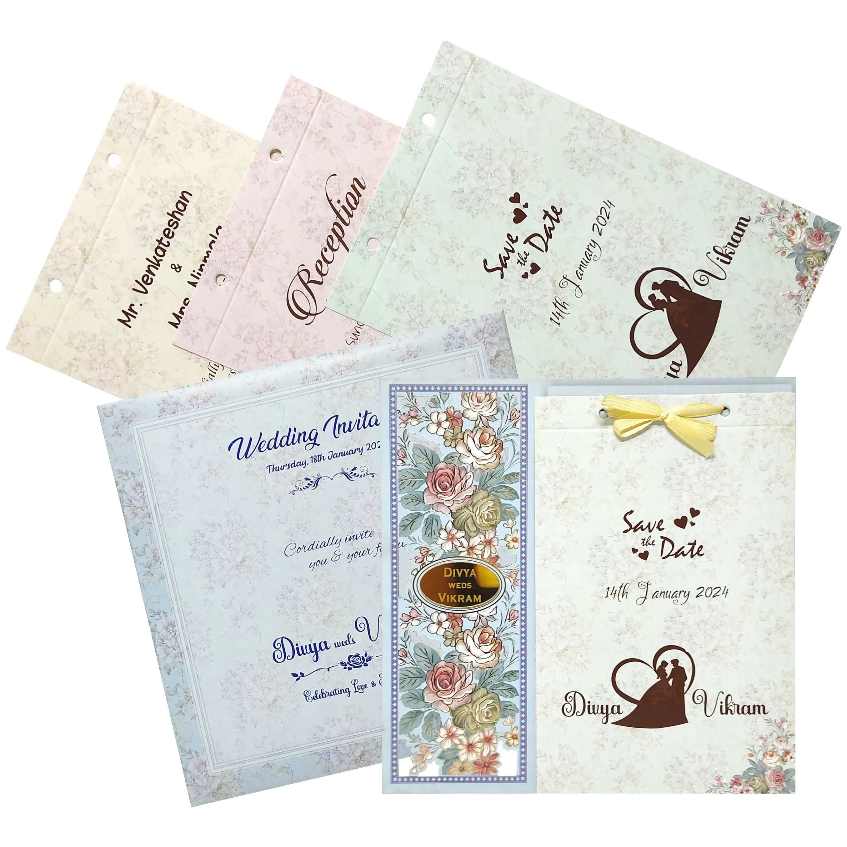 Blue Floral Offset Print Wedding Invitation Card-KNKA8063