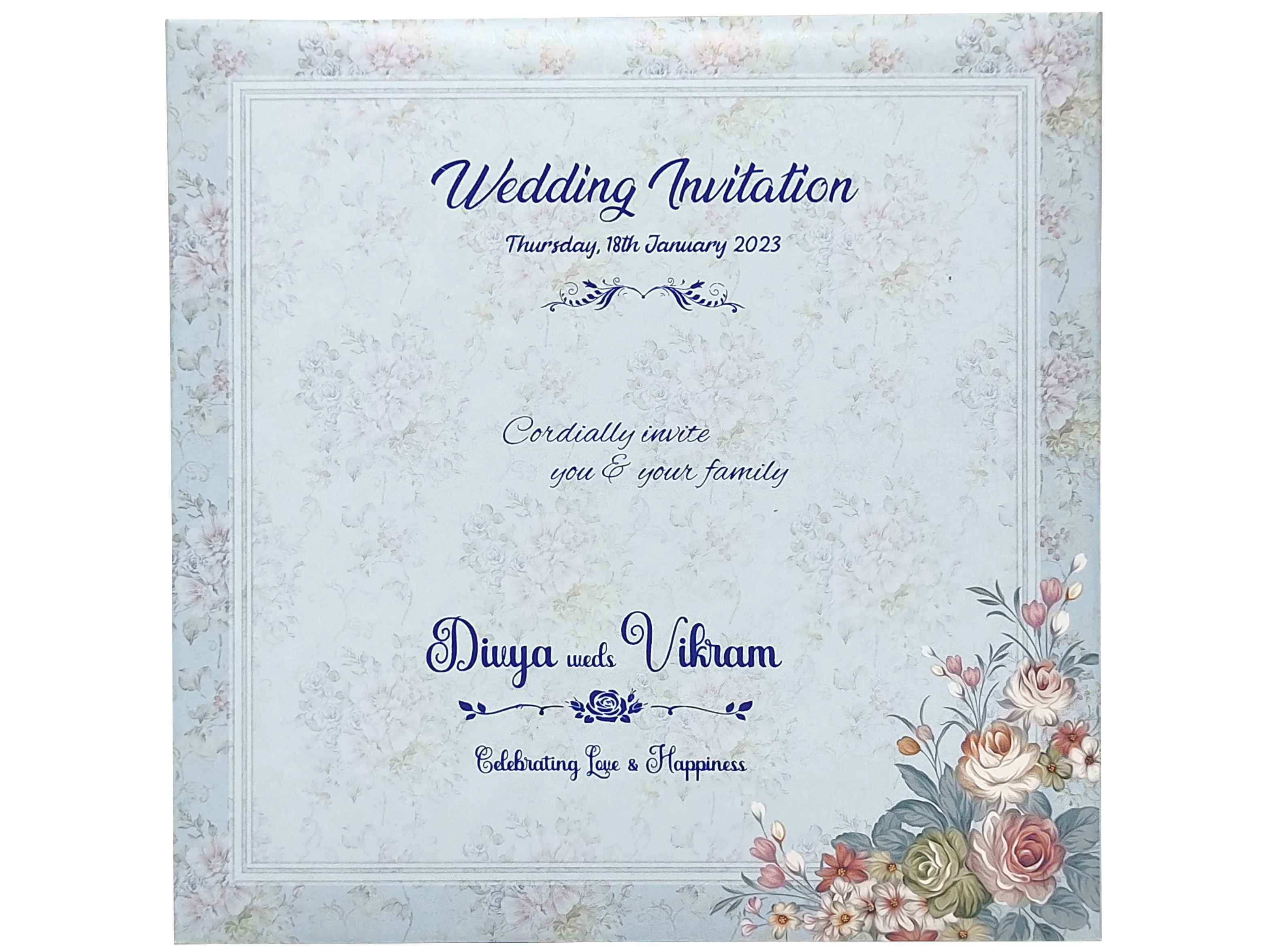 Blue Floral Offset Print Wedding Invitation Card-KNKA8063 - Image 4
