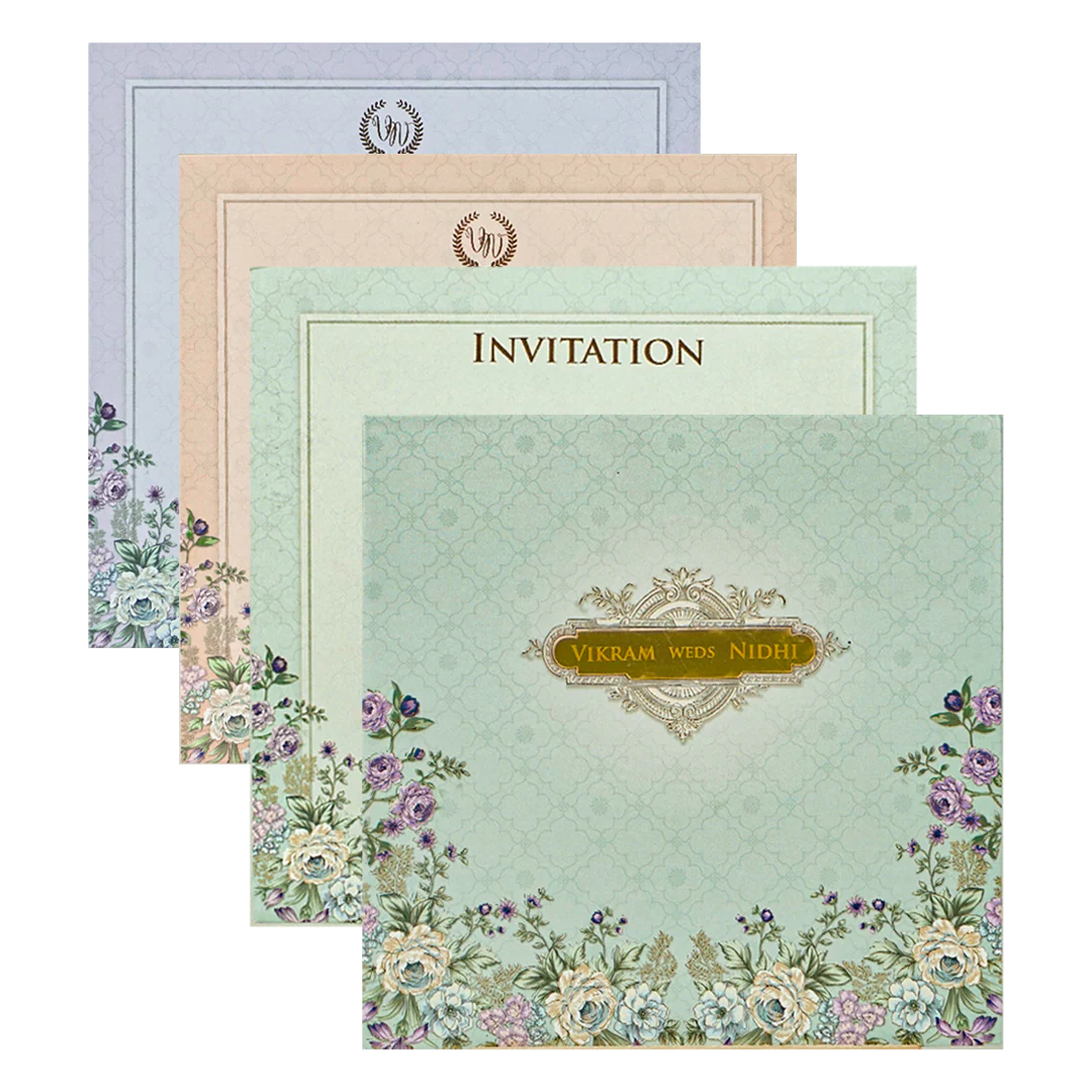 Blue Floral Padded Wedding Card-KRE26560