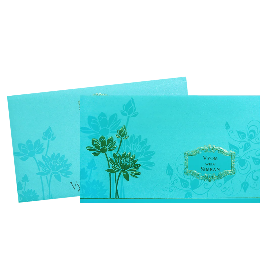 Blue Gold Embossed Lotus Wedding Invitation Card-KPR06340 - Image 2